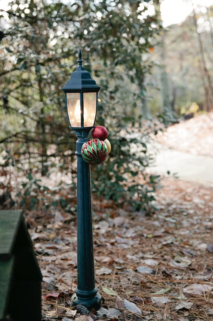 lamppost with Christmas baubles