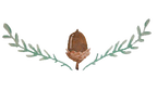 Four Oaks Manor logo of a hand-drawn, upside down acorn with green leaves on each side.
